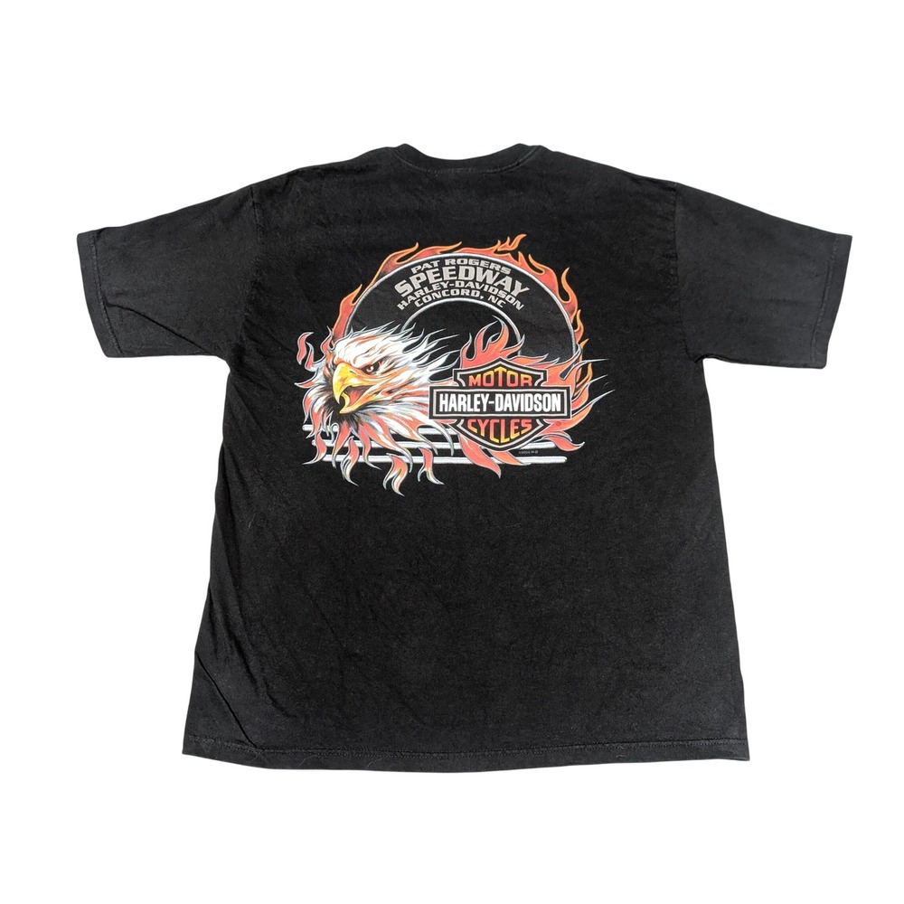 Harley-Davidson T-Shirt Mens L Black 2005 Pat Rogers Speedway Eagle Flame Biker